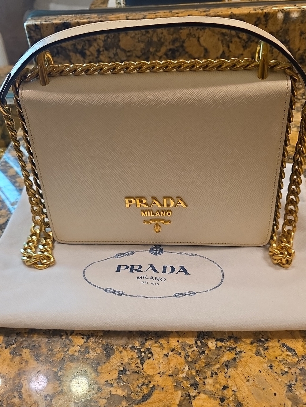 Prada White, Gold And Black Leather Chain Shoulder Bag with Gold Hardware